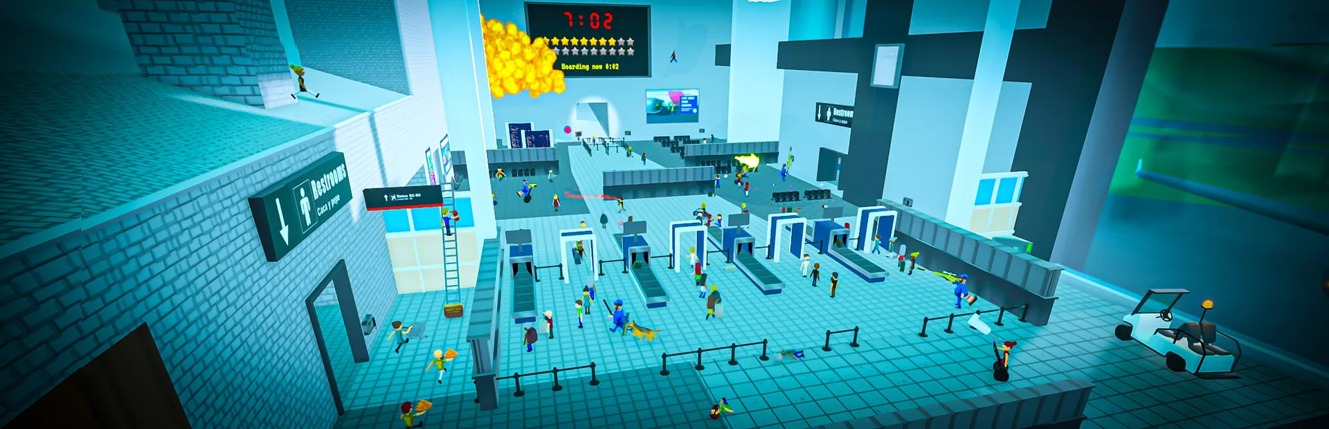 A busy airport security checkpoint viewed from above