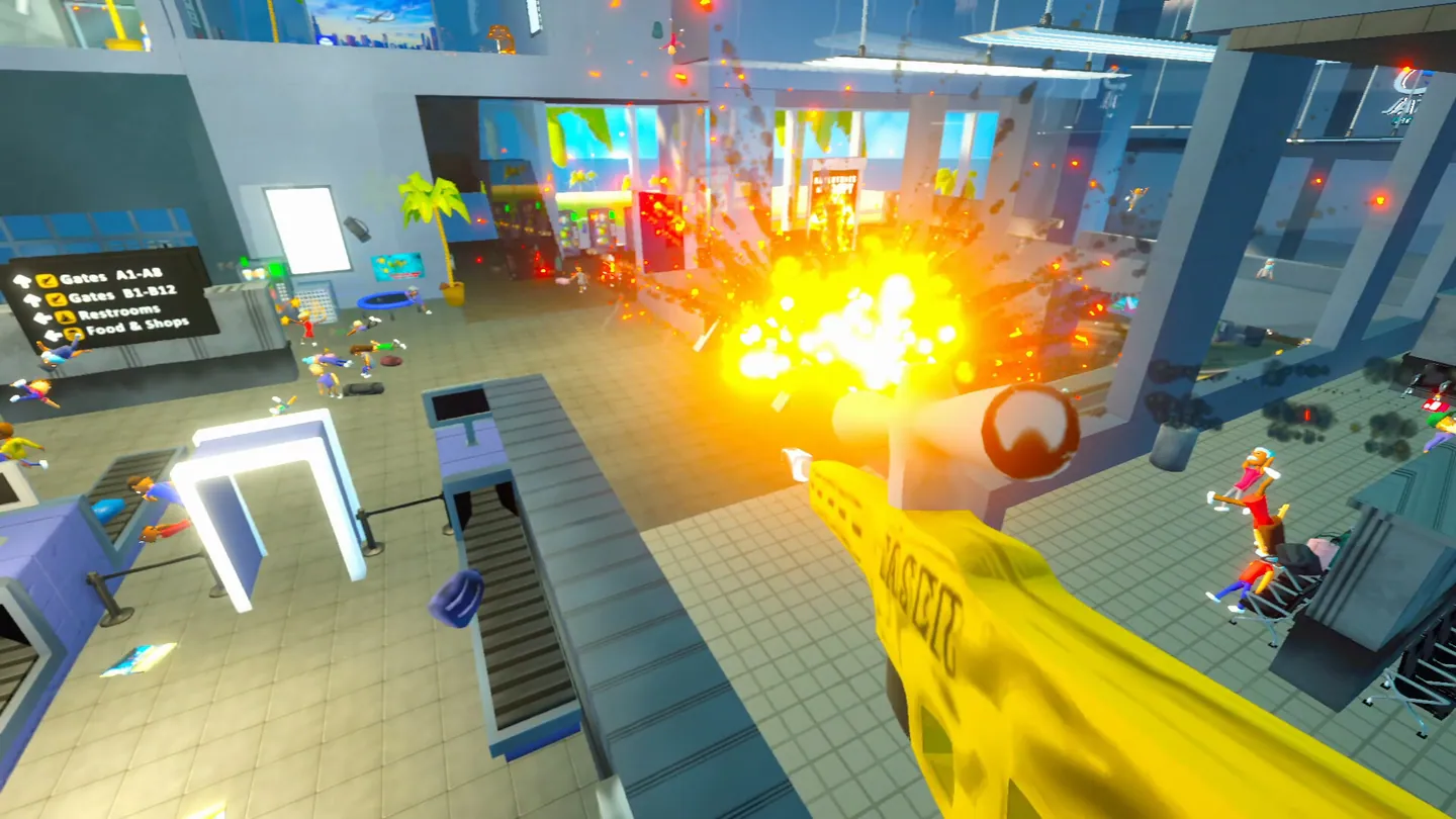 First-person security gameplay during an explosive terminal incident