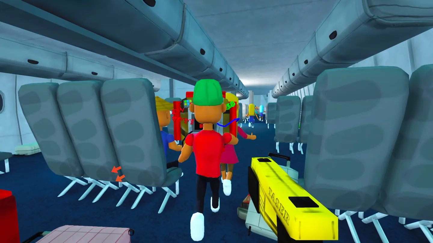 Players searching an airplane cabin for contraband