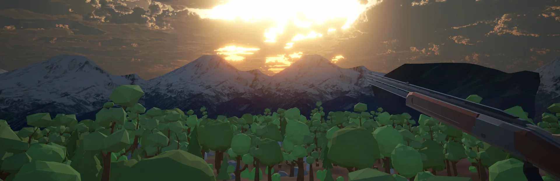 A low-poly forest and mountain landscape at sunset